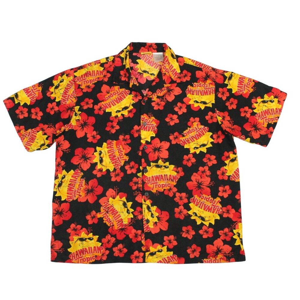 Hawaiian Tropic Large Black Red 100% Polyester Hawaiian Aloha Camp Tiki Shirt